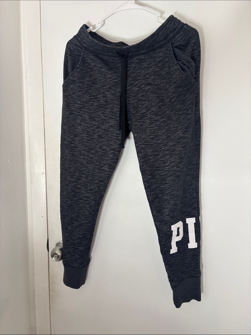 PINK Victoria's Secret Dark Heather Gray Jogger Pants with White 'PI' Accent